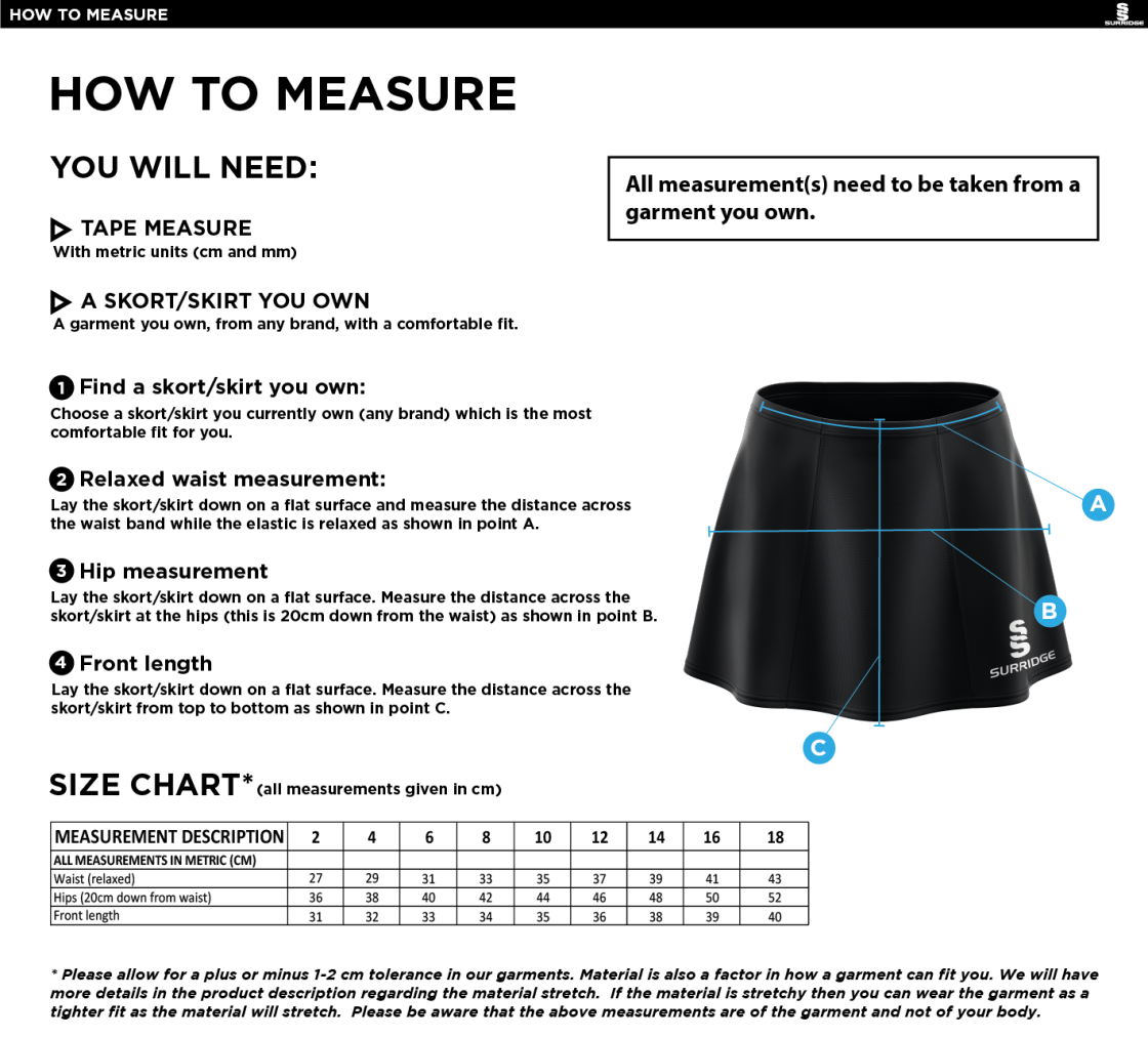 St Christophers School Students - Blade Skort - Girls Fit - Size Guide