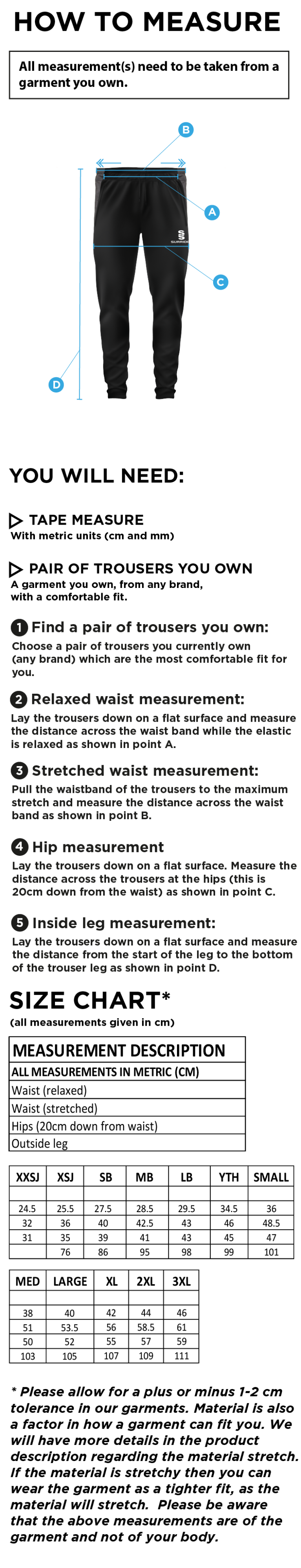 St Christophers School Students - Tek Slim Training Pants - Unisex Fit - Size Guide