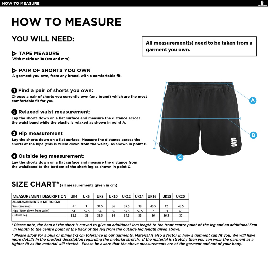 St Christophers School Staff - Performance Gym Short - Women's Fit - Size Guide
