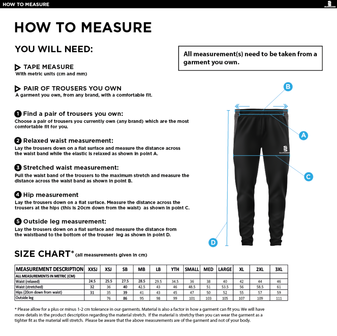 St Christopher Staff - Slim Training Pants - Unisex Fit - Size Guide