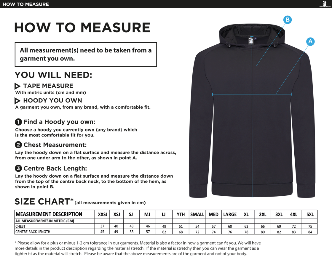 St Christophers School Staff - Active Hoody - Unisex Fit - Size Guide