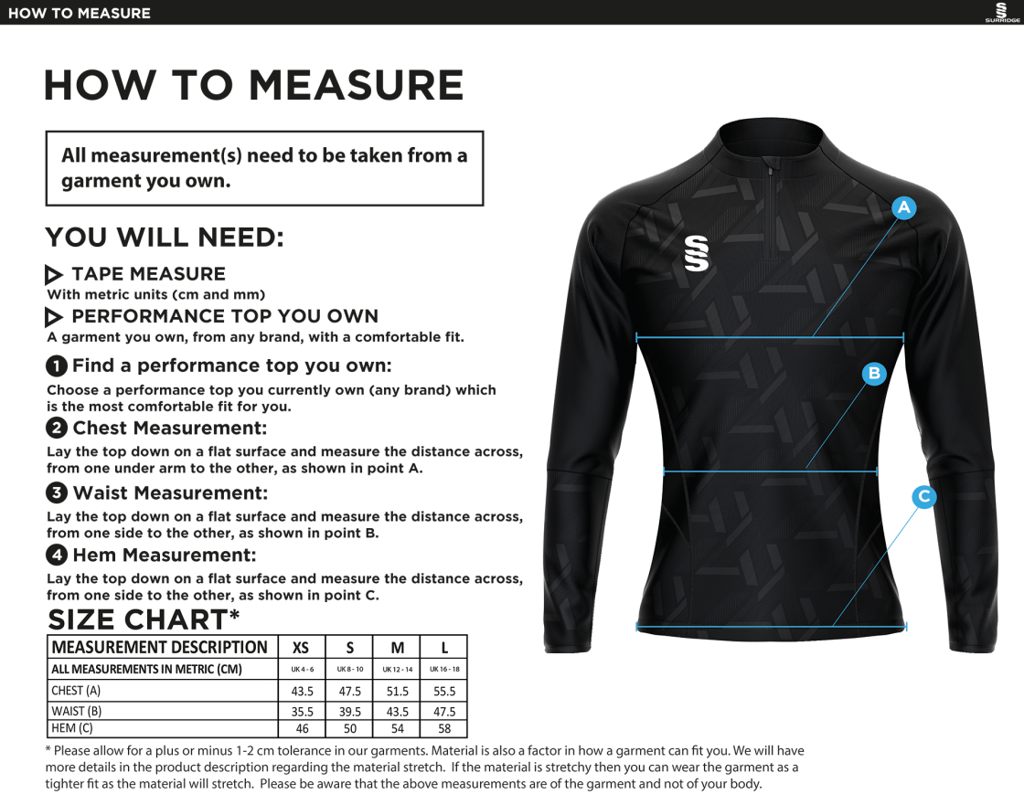 St Christophers School Staff - Impact 1/4 Zip Performance Top - Women's Fit - Size Guide