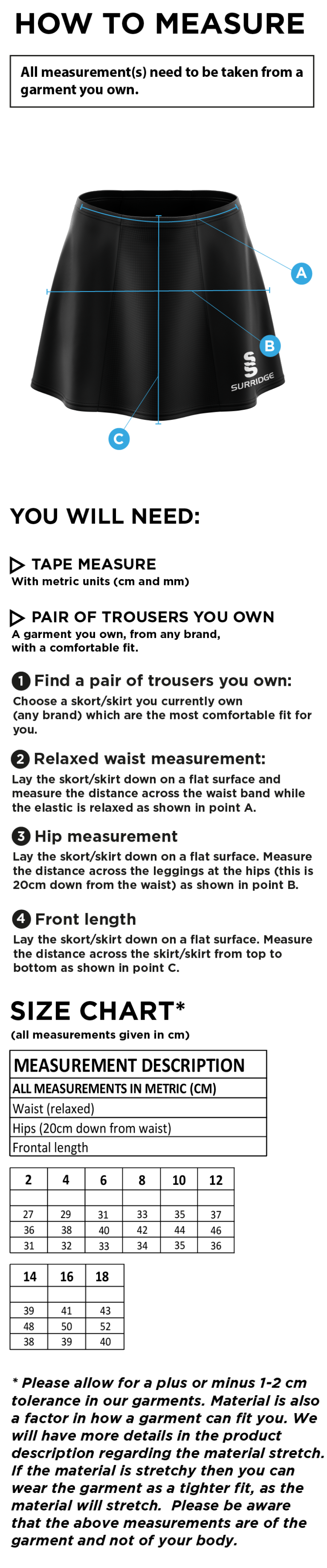 St Christophers School Students - Blade Skort - Girls Fit - Size Guide